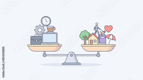 Work life balance concept on scales. Career vs personal life comparison. Business job versus family home leisure. Equal weight. Harmony stability. Time management priority.