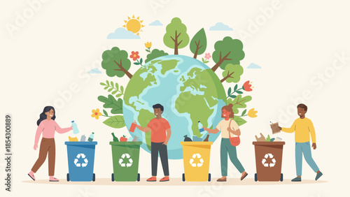 People recycling waste for environmental protection. Sorting garbage into colored bins. Sustainable lifestyle. Eco friendly community saving planet Earth. Ecology vector illustration.