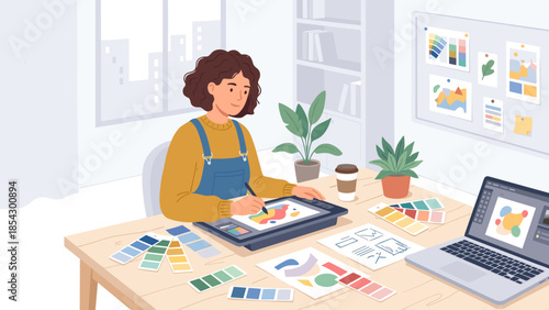 Creative graphic designer woman working at desk with digital tablet. Freelance illustrator drawing vector art in home office studio. Artist workplace with laptop and color swatches.