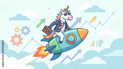 Business unicorn startup concept. Cartoon mascot in suit riding rocket. Financial success and rapid growth symbol. Launching new company. Investment metaphor. Entrepreneurship vector.