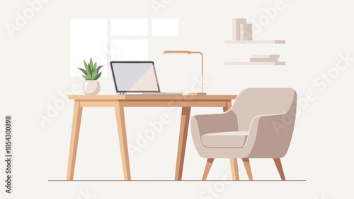 Minimal home office workspace interior. Modern wooden desk laptop computer lamp plant chair. Remote work concept. Study room furniture. Tidy workplace. Freelance business flat vector.