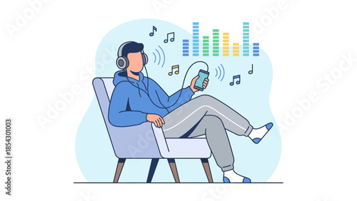 Young man relaxing in armchair with headphones listening to music on smartphone, music streaming app, audio entertainment, chill lifestyle, leisure home listening, modern flat vector illustration