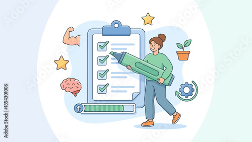 Personal goal tracking and habit building concept, woman checking off tasks on large checklist, productivity progress bar, mental health, self improvement, motivation and time management illustration