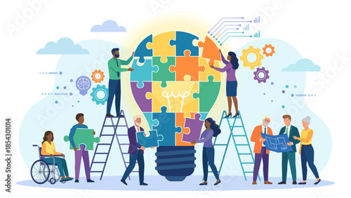 Diverse team assembling lightbulb puzzle. Teamwork innovation concept. Creative collaboration strategy. Inclusion. Problem solving. Group building idea. Partnership planning.