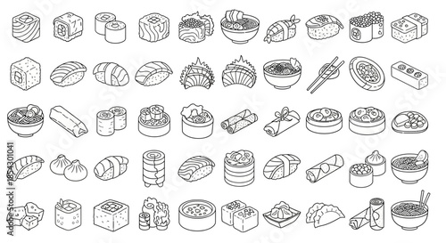 An Assortment of Delicious Asian Food Icons and Illustrations Collection