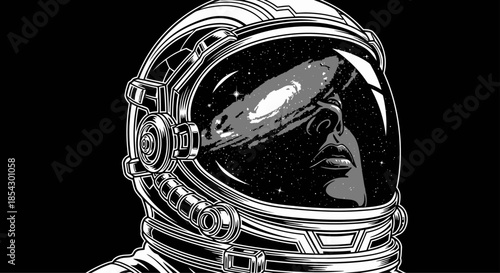 Astronaut's visor reflecting a vast galaxy in a black and white cosmic portrait