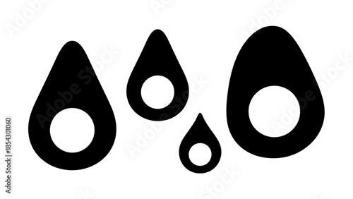 Black droplet icons with white circles inside symbolizing water or liquid elements
