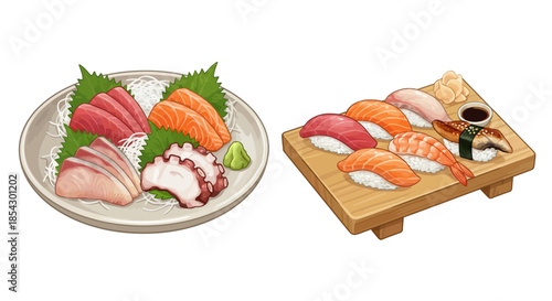 Delicious sushi selection on a plate and a wooden board, showcasing various fish pieces and garnishes, viewed from directly above.