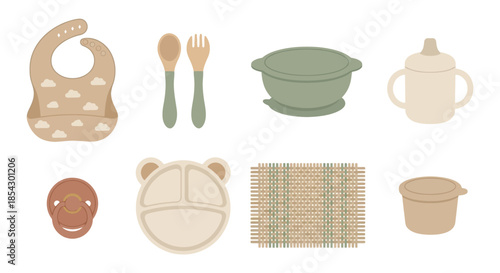 Illustration of baby items including bib, utensils, and feeding accessories arranged in a grid against a white background