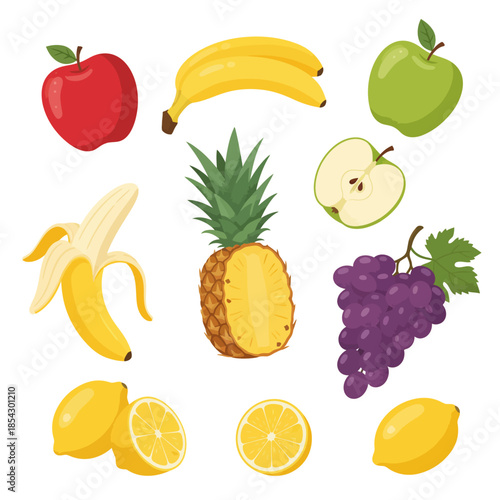 Assorted fruits including apples, bananas, pineapple, grapes, and oranges arranged in a flat layout on a white background from a direct viewpoint