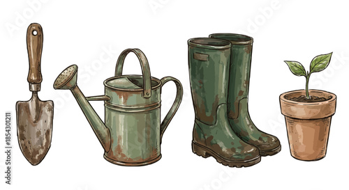 Gardening tools and accessories, including boots and a seedling, arranged neatly on a white background