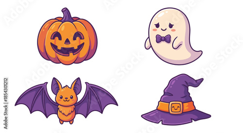 Halloween icons featuring a pumpkin, ghost, bat, and witch hat on a white background from a straightforward viewpoint