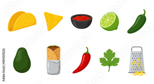 Assorted Mexican food ingredients and utensils arranged on a clean white background.