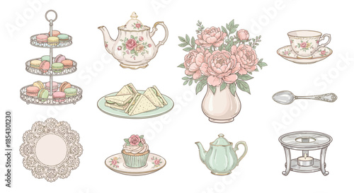 A collection of tea party items including teapot, flowers, and pastries on a white background