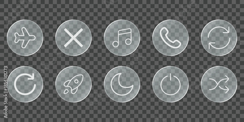 Set of liquid glass icons. translucent line icons glass effect app icons. Control center widget for smartphone and web app, vector illustration.
