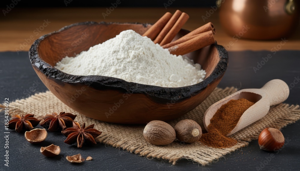 Fototapeta premium Essential holiday baking ingredients still life featuring flour, cinnamon sticks, star anise, and nutmeg