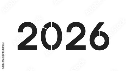 Bold stencil style black number 2026 on white background abstract graphic