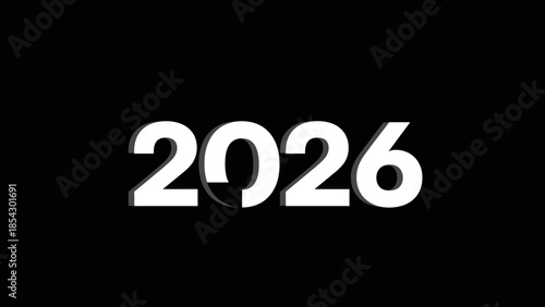 Bold white year 2026 text with shadow on a black background graphic design concept