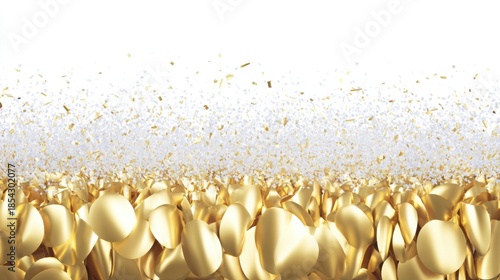 Gold confetti and small particles falling against a white background with a dense layer of gold discs at the bottom