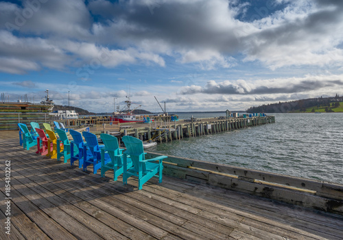 Deck chairs on the marina at Lunenburg, Nova Scotia, Canada