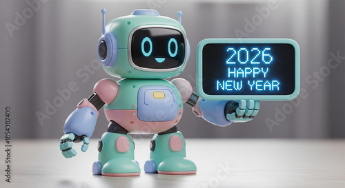 Cute robot holding digital sign with 2026 happy new year message in bright blue glowing letters on gray background, new year's celebration concept with futuristic technology