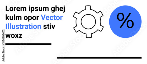 Simplified black and blue gear and percentage sign with abstract text elements. Ideal for business operations, analysis, processes, optimization, finance, strategy, and a simple landing page