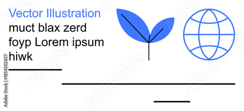 Sustainability, environment, global ecology, clean energy, eco-friendly practices, conservation. Blue leaves and a globe with abstract lines. Sustainability and environment illustrated