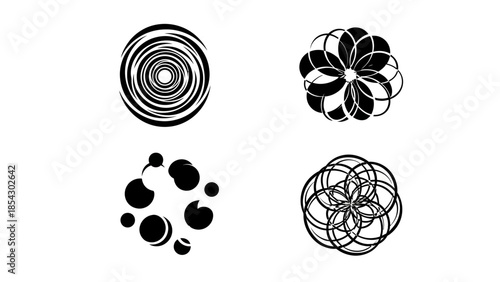 Collection of four distinct black and white abstract circular graphic design elements