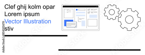 Technology, user interface design, settings, development, system optimization, web services. Image of a UI mockup with gears. Technology and user interface design concept