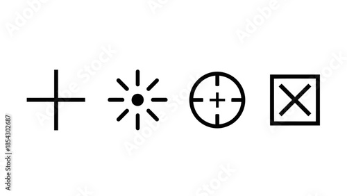 Collection of Four Minimalist Graphic Symbols Crosshair Target Plus Sign and X Mark within Square