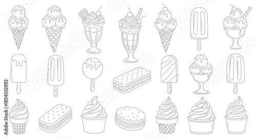 Collection of Hand Drawn Ice Cream Treats in Various Delicious Forms