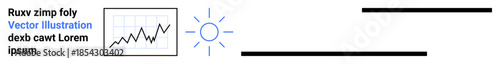 Business growth, data analysis, productivity, economic progress, goal achievement, planning. Rising line graph and sun symbol. Business growth and data analysis conceptual visuals