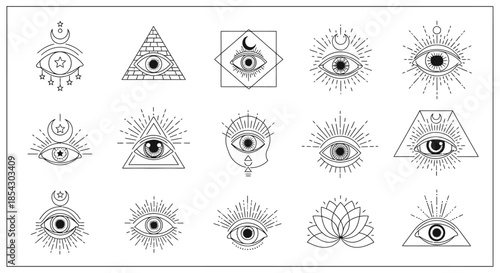Collection of mystical eye symbols and celestial elements in a minimalist line art style