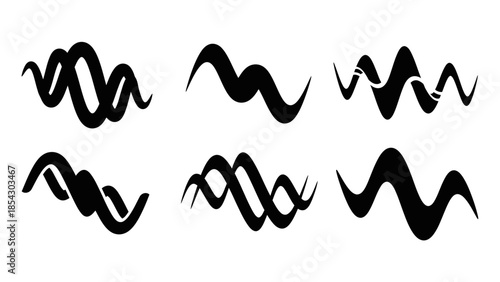 Collection of six abstract black wavy line graphic elements on white background
