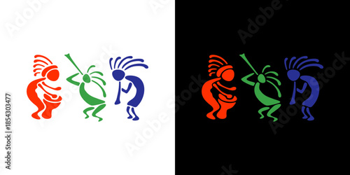 Intriguing Kokopelli silhouettes in bold colors against contrasting backgrounds