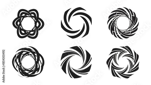 Collection of six abstract circular black and white graphic design elements