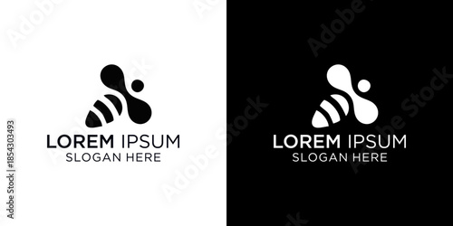 A modern logo design featuring a bee symbol with placeholder text, suitable for branding and advertising, presented in both black and white.