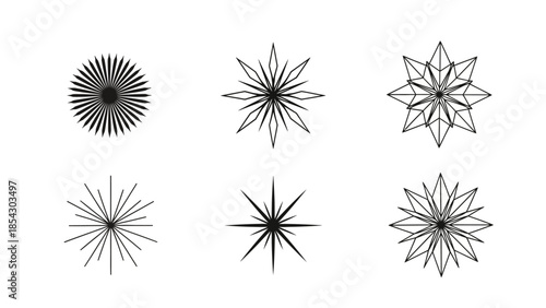 Collection of six abstract starburst and snowflake geometric graphic design elements