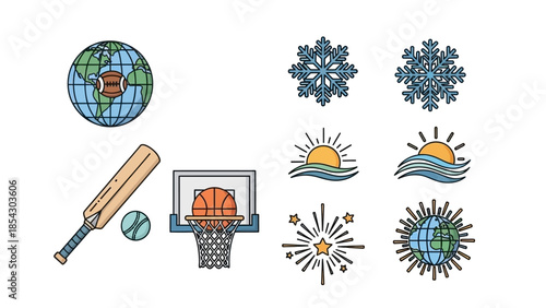 Seasonal nature and weather icons including sun, snow, plants, and environmental elements.