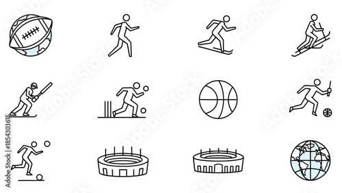 Line illustration set of various sports activities showing athletes performing different physical exercises.