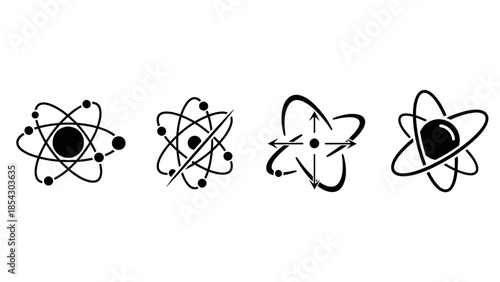 Collection of stylized atomic models representing scientific concepts and research