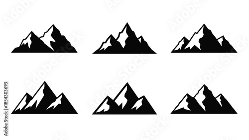 Collection of stylized black and white mountain range silhouette icons for graphic design and