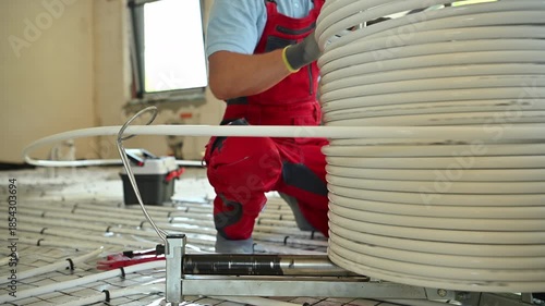 Worker Installs Floor Heating Pipes in Home During Construction