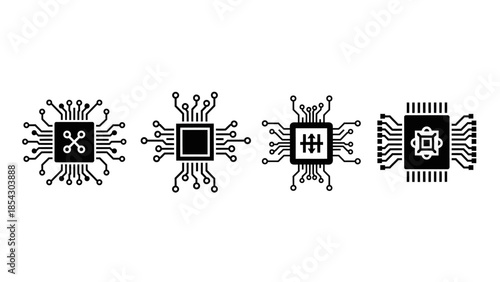 Collection of stylized microchip icons representing technological advancement and digital