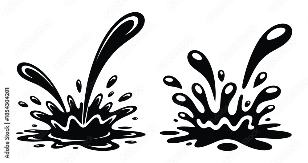 Fototapeta premium Dynamic water splash, Liquid splash effects, Black Ink Splash, Water splash symbol design, Splash drop silhouette, Graphic elements or icon used for logos or design assets, Vector illustration