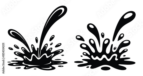 Dynamic water splash, Liquid splash effects, Black Ink Splash, Water splash symbol design, Splash drop silhouette, Graphic elements or icon used for logos or design assets, Vector illustration