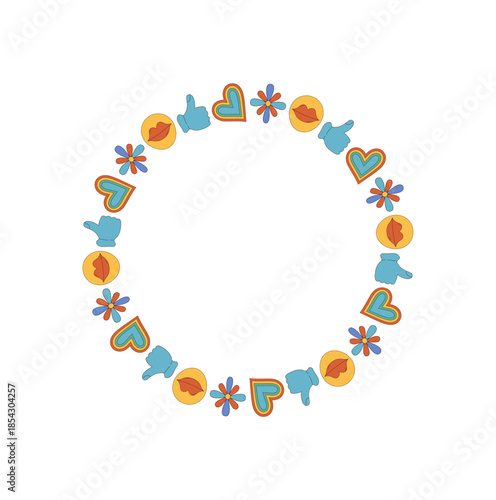 Groovy retro circle border frame with heart, emoji and flower shapes pattern. Colorful graphic elements bring a y2k pop vibe for modern, playful projects seeking a fun vintage look.