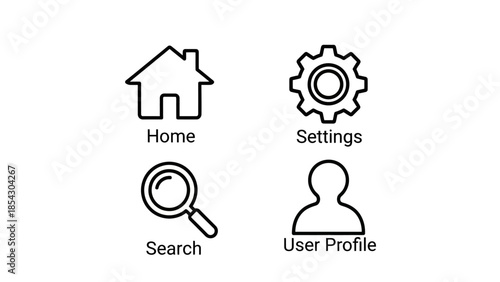 Common interface icons representing home search settings and user profile on a white background