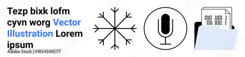 Technology, communication, digital storage, multimedia, futuristic symbols, organizing data. Contains a microphone icon, digital file folder and a snowflake graphic. Communication and digital