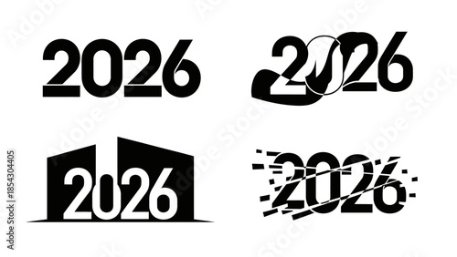 Creative and diverse typographic designs for the year 2026 presented on a white background
